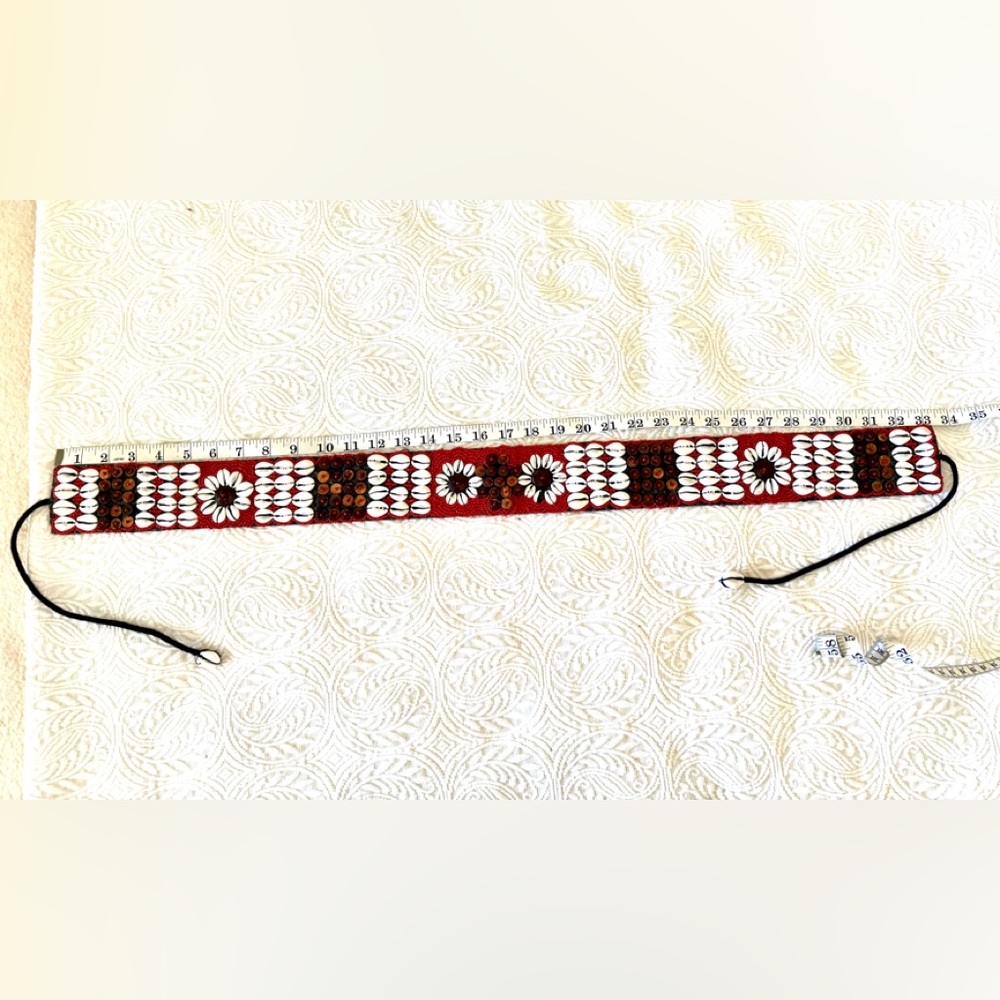 Red and White Handmade Artisan Beaded Belt - Picture 5 of 12